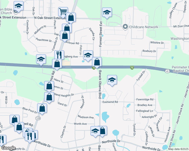 map of restaurants, bars, coffee shops, grocery stores, and more near 3390 North Forrest Street in Valdosta