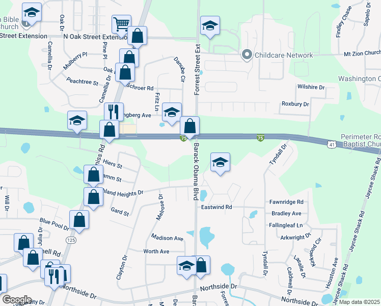 map of restaurants, bars, coffee shops, grocery stores, and more near 3390 North Forrest Street in Valdosta