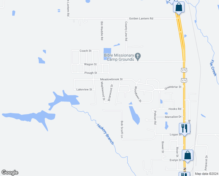 map of restaurants, bars, coffee shops, grocery stores, and more near 1811 Briarwood Street in DeRidder