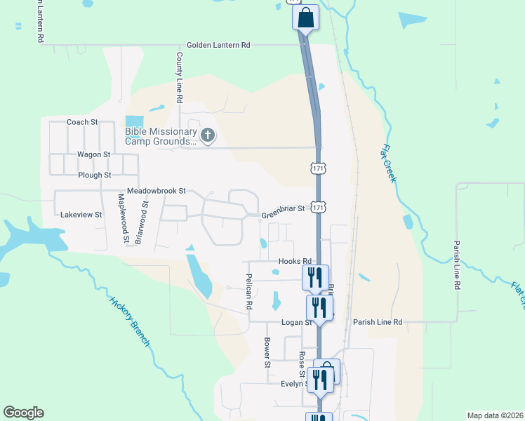 map of restaurants, bars, coffee shops, grocery stores, and more near 2004 Glenhaven Street in DeRidder