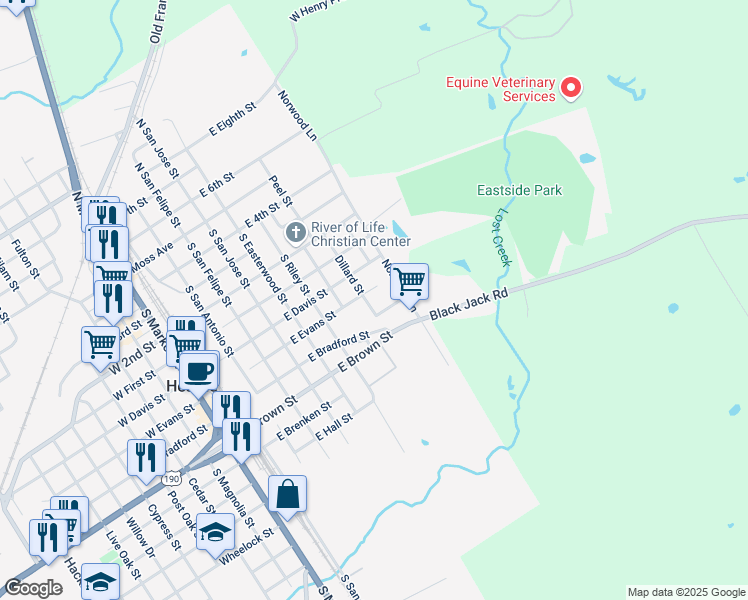 map of restaurants, bars, coffee shops, grocery stores, and more near 702 Norwood Lane in Hearne