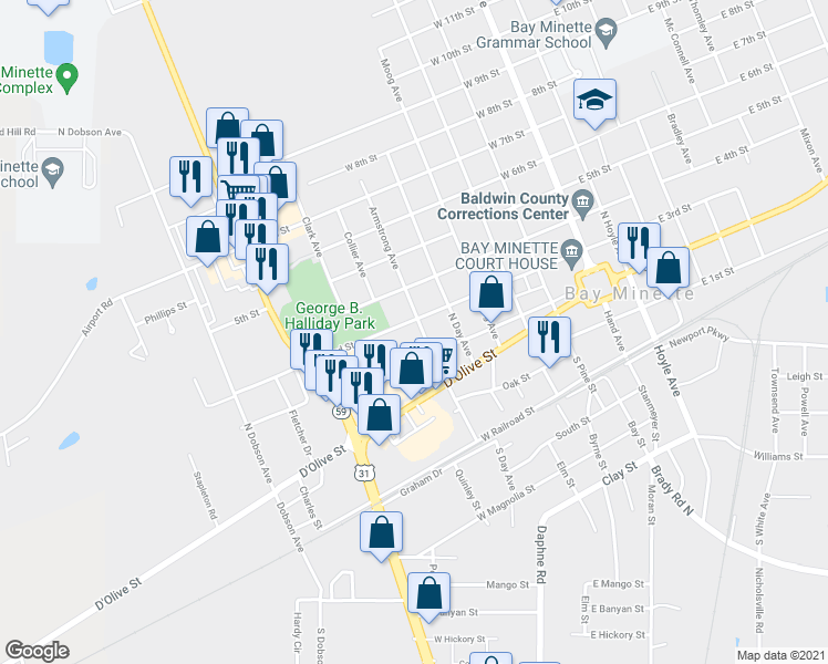 map of restaurants, bars, coffee shops, grocery stores, and more near 209 Armstrong Avenue in Bay Minette