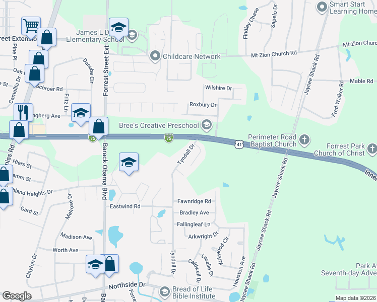 map of restaurants, bars, coffee shops, grocery stores, and more near 3212 Tyndall Drive in Valdosta
