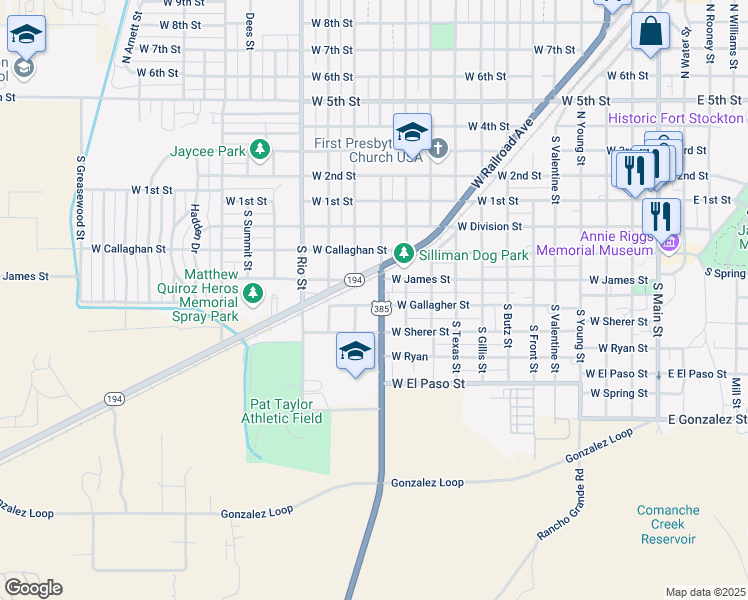 map of restaurants, bars, coffee shops, grocery stores, and more near 1200 West Gallagher Street in Fort Stockton