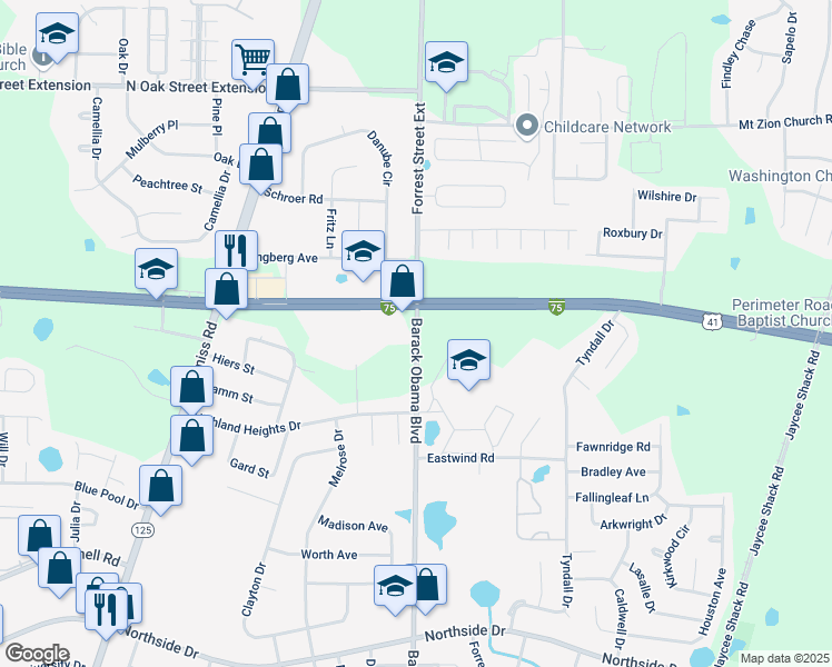 map of restaurants, bars, coffee shops, grocery stores, and more near 3390 North Forrest Street in Valdosta
