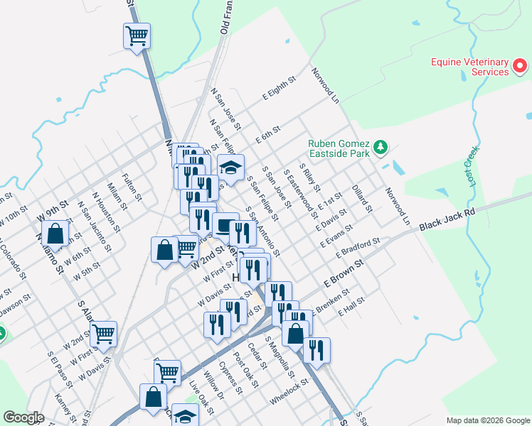 map of restaurants, bars, coffee shops, grocery stores, and more near 206 East 3rd Street in Hearne