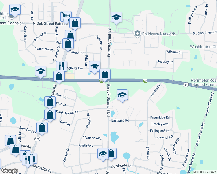 map of restaurants, bars, coffee shops, grocery stores, and more near 3390 North Forrest Street in Valdosta