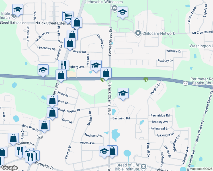 map of restaurants, bars, coffee shops, grocery stores, and more near 3390 N Forrest St in Valdosta