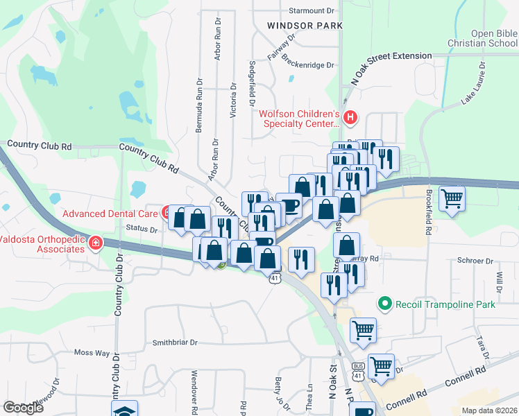 map of restaurants, bars, coffee shops, grocery stores, and more near 3257 Jordan Way in Valdosta