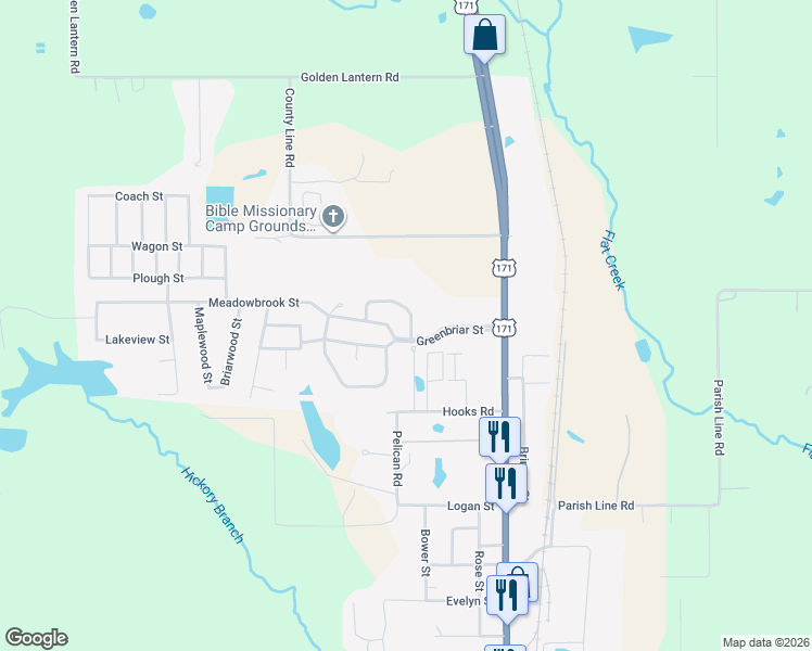map of restaurants, bars, coffee shops, grocery stores, and more near 806 Meadowbrook Street in DeRidder