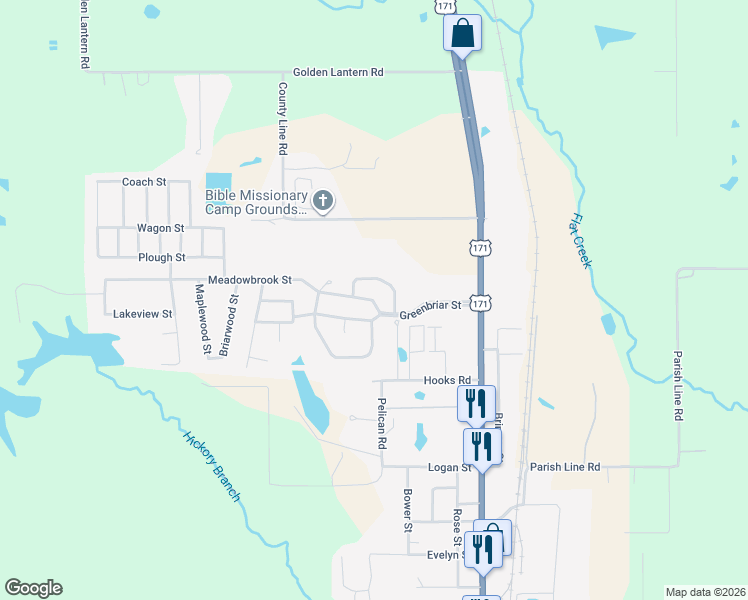 map of restaurants, bars, coffee shops, grocery stores, and more near 806 Meadowbrook Street in DeRidder