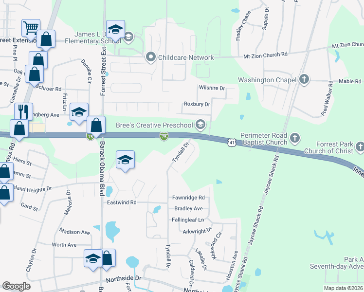 map of restaurants, bars, coffee shops, grocery stores, and more near 3210 Tyndall Drive in Valdosta