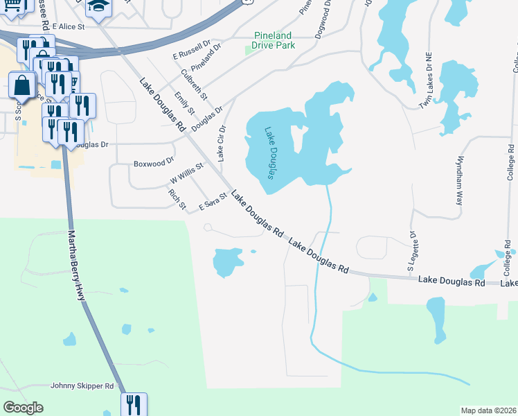 map of restaurants, bars, coffee shops, grocery stores, and more near 1998-2000 Lake Douglas Road in Bainbridge