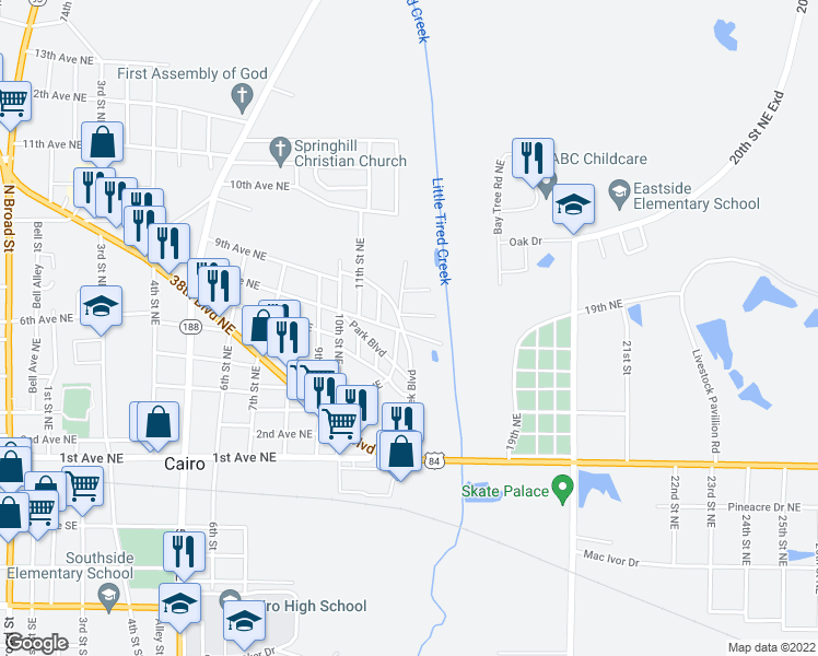 map of restaurants, bars, coffee shops, grocery stores, and more near 1335 8th Avenue Northeast in Cairo