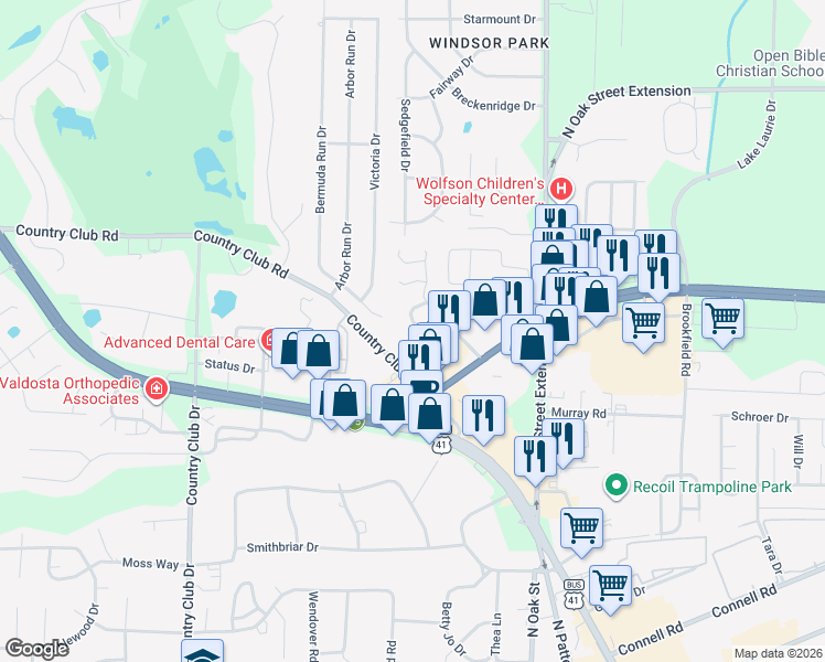 map of restaurants, bars, coffee shops, grocery stores, and more near 3257 Jordan Way in Valdosta