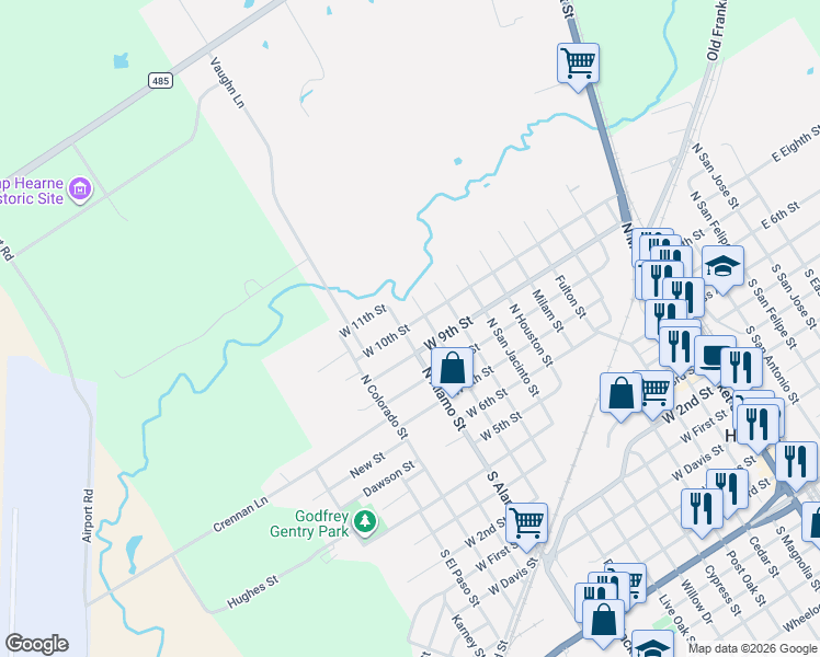 map of restaurants, bars, coffee shops, grocery stores, and more near 503 North Navasota Street in Hearne