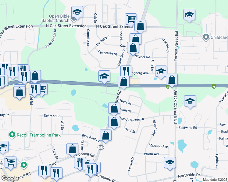 map of restaurants, bars, coffee shops, grocery stores, and more near 3650 Inner Perimeter Road in Valdosta