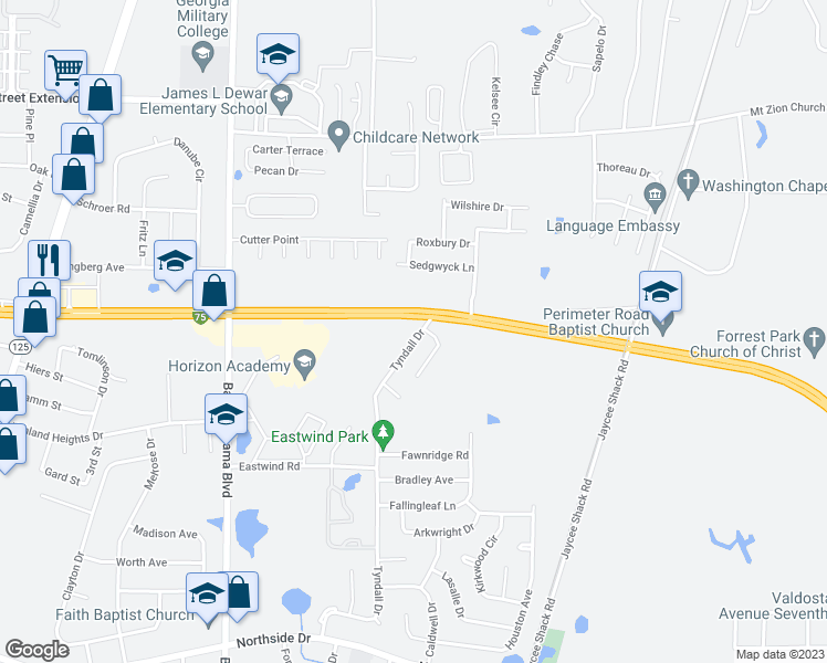 map of restaurants, bars, coffee shops, grocery stores, and more near 3212 Tyndall Drive in Valdosta