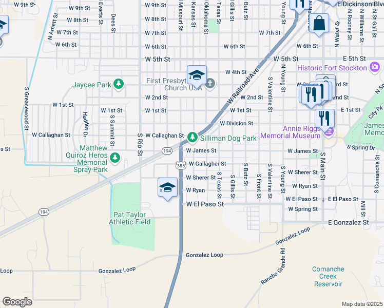 map of restaurants, bars, coffee shops, grocery stores, and more near 401-499 South Kansas Street in Fort Stockton