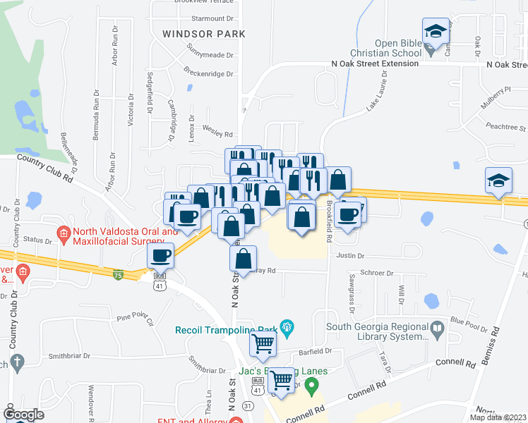 map of restaurants, bars, coffee shops, grocery stores, and more near 3254 Inner Perimeter Road in Valdosta