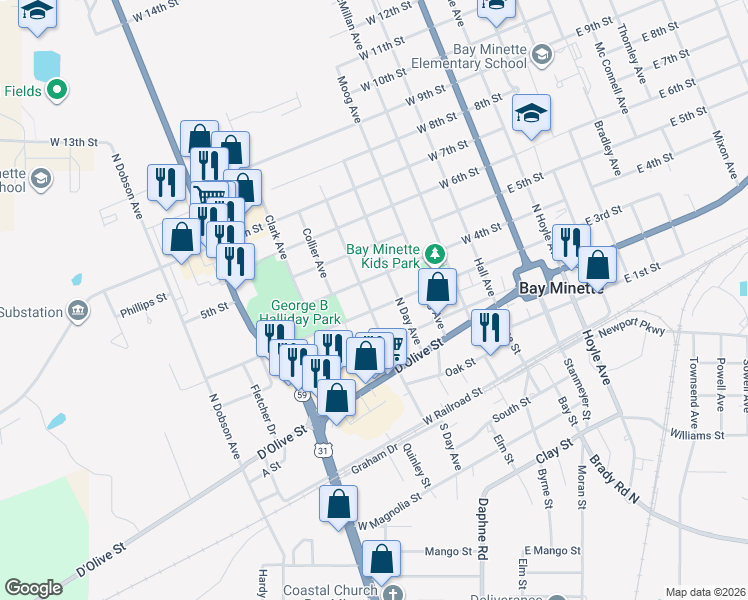 map of restaurants, bars, coffee shops, grocery stores, and more near 209 Armstrong Avenue in Bay Minette