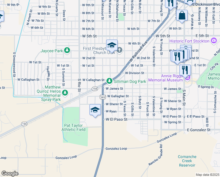 map of restaurants, bars, coffee shops, grocery stores, and more near 401 South Kansas Street in Fort Stockton