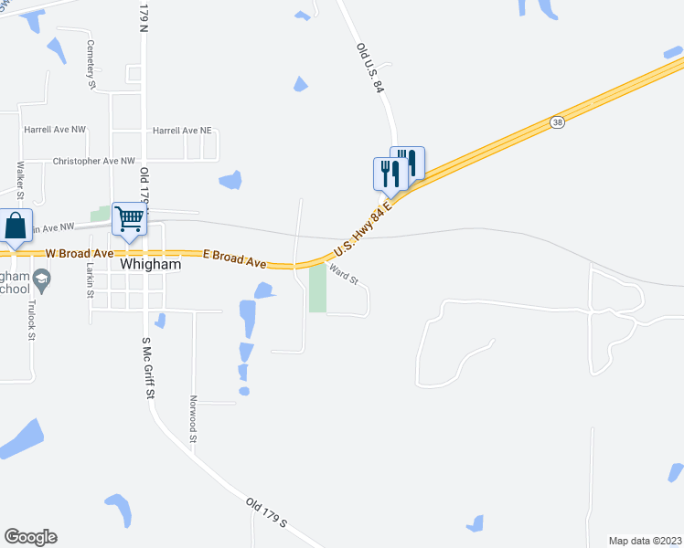 map of restaurants, bars, coffee shops, grocery stores, and more near Ward Street in Whigham