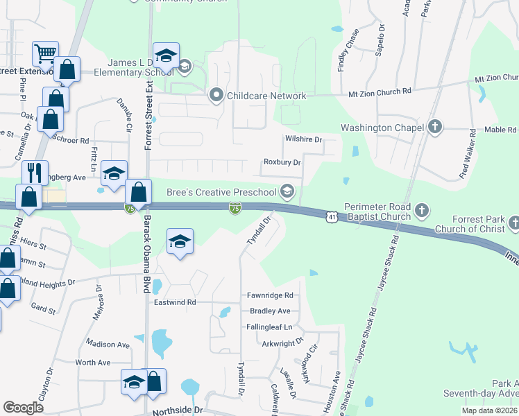 map of restaurants, bars, coffee shops, grocery stores, and more near 3210 Tyndall Drive in Valdosta