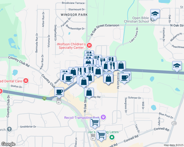 map of restaurants, bars, coffee shops, grocery stores, and more near 3251 Inner Perimeter Road in Valdosta
