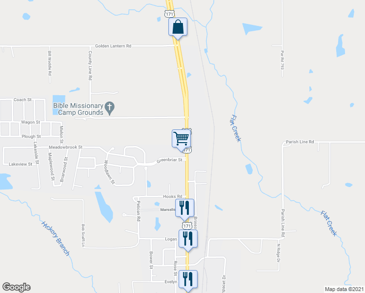 map of restaurants, bars, coffee shops, grocery stores, and more near 1995 North Pine Street in DeRidder