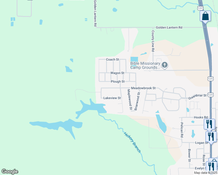 map of restaurants, bars, coffee shops, grocery stores, and more near 1412 Meadowbrook Street in DeRidder