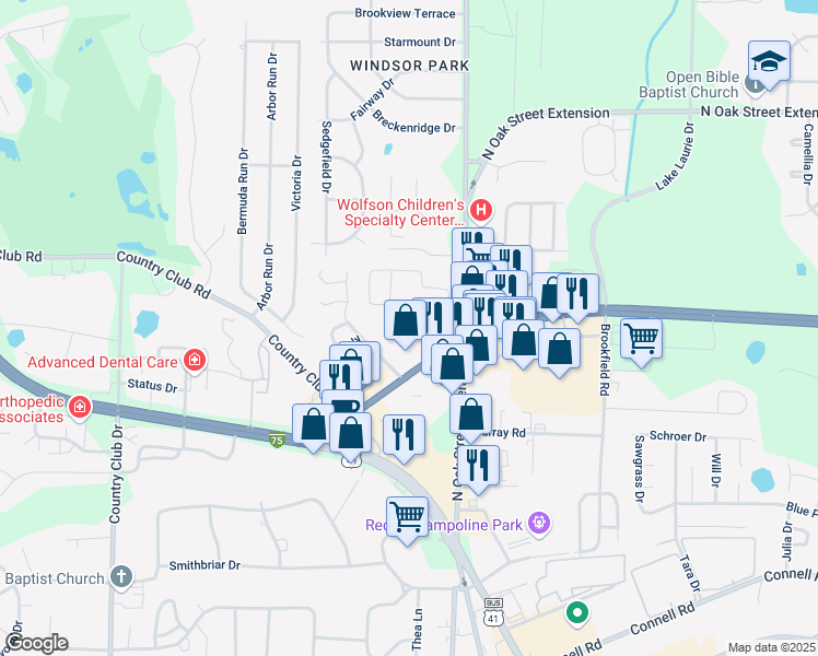 map of restaurants, bars, coffee shops, grocery stores, and more near 6 Clark Circle in Valdosta