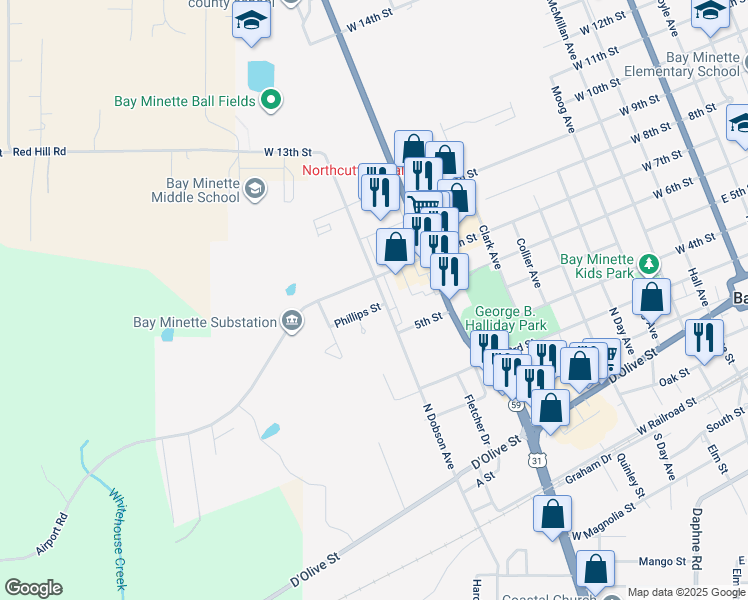 map of restaurants, bars, coffee shops, grocery stores, and more near 1200 Phillips St in Bay Minette