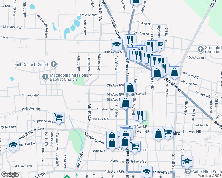 map of restaurants, bars, coffee shops, grocery stores, and more near 100 7th Avenue Northwest in Cairo