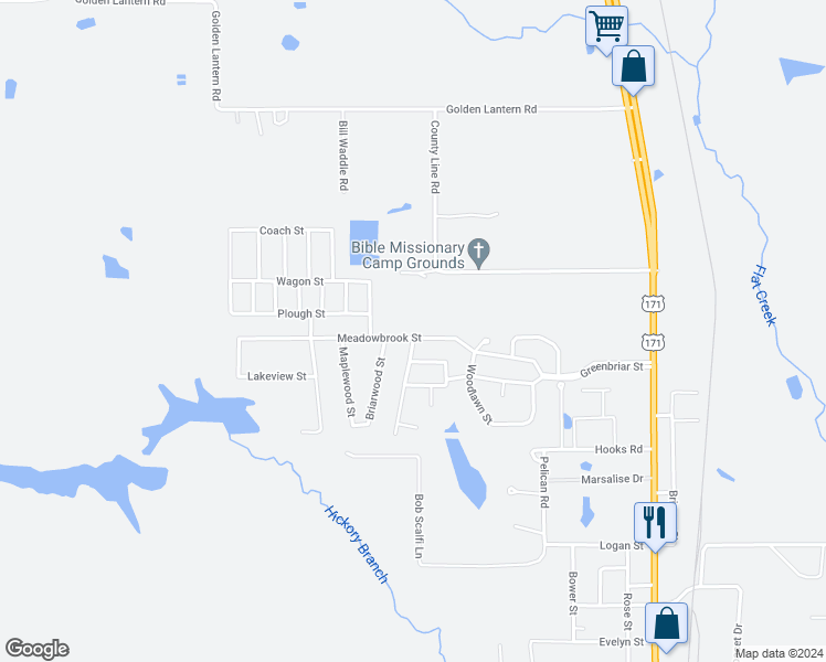 map of restaurants, bars, coffee shops, grocery stores, and more near 1102 Meadowbrook Street in DeRidder