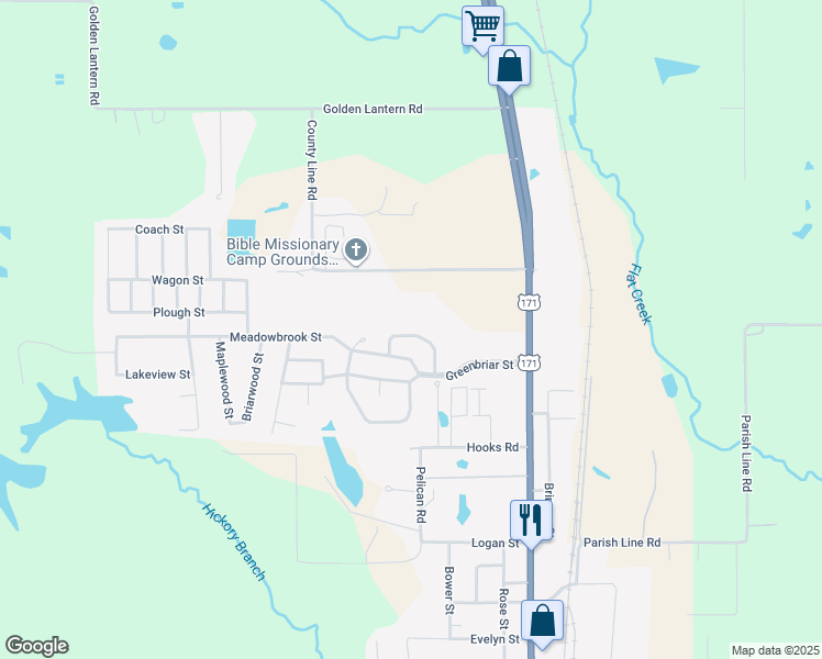 map of restaurants, bars, coffee shops, grocery stores, and more near 2022 Glenhaven Street in DeRidder