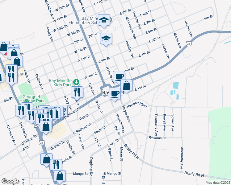 map of restaurants, bars, coffee shops, grocery stores, and more near in Bay Minette
