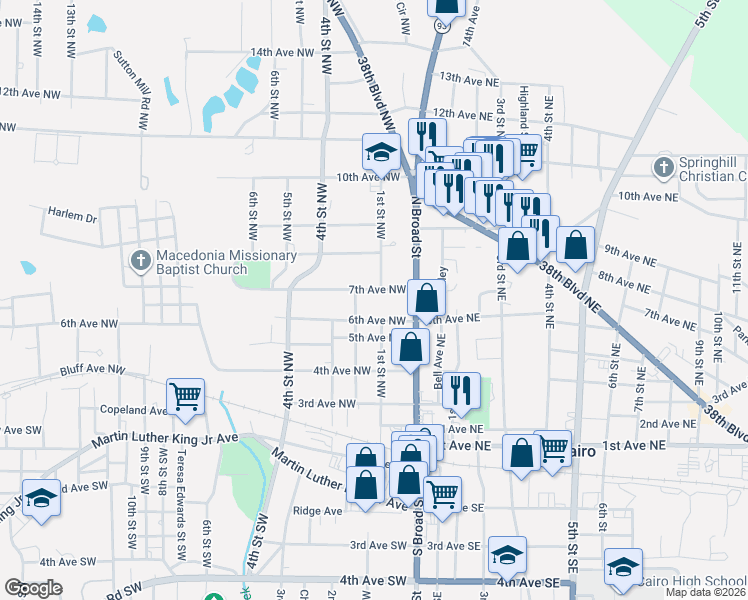 map of restaurants, bars, coffee shops, grocery stores, and more near 100 7th Avenue Northwest in Cairo