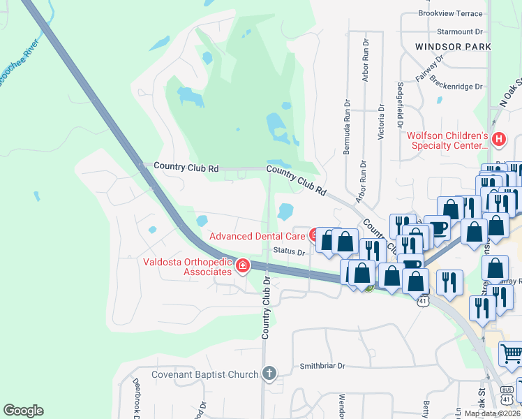 map of restaurants, bars, coffee shops, grocery stores, and more near 3210 Country Club Road in Valdosta