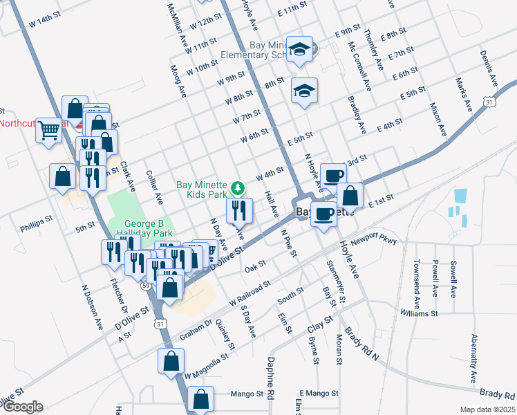 map of restaurants, bars, coffee shops, grocery stores, and more near 261 West 3rd Street in Bay Minette