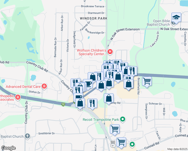 map of restaurants, bars, coffee shops, grocery stores, and more near 221 Jennifer Circle in Valdosta