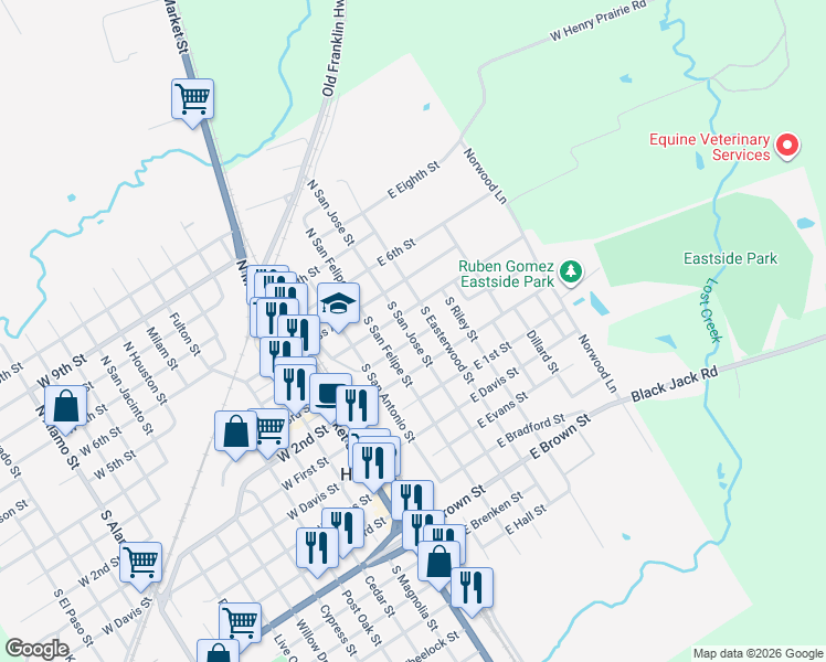 map of restaurants, bars, coffee shops, grocery stores, and more near 405 East 3rd Street in Hearne