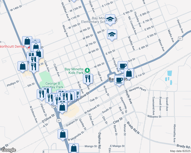 map of restaurants, bars, coffee shops, grocery stores, and more near 261 West 3rd Street in Bay Minette