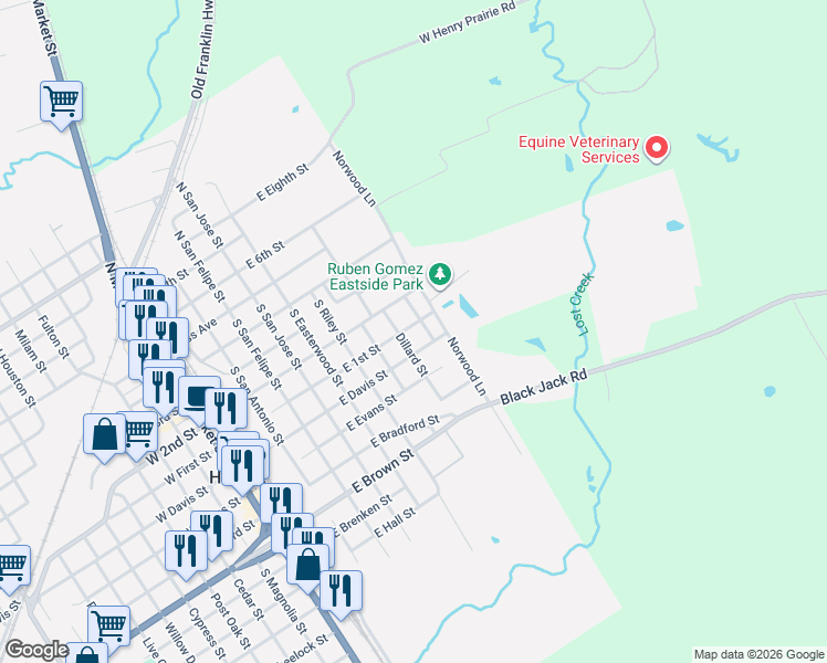 map of restaurants, bars, coffee shops, grocery stores, and more near 804 East 1st Street in Hearne