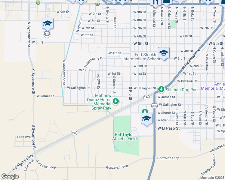 map of restaurants, bars, coffee shops, grocery stores, and more near 1701 West Callaghan Street in Fort Stockton