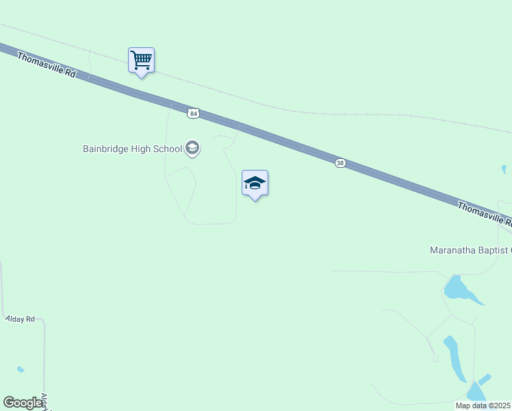 map of restaurants, bars, coffee shops, grocery stores, and more near 1 Bearcat Boulevard in Bainbridge
