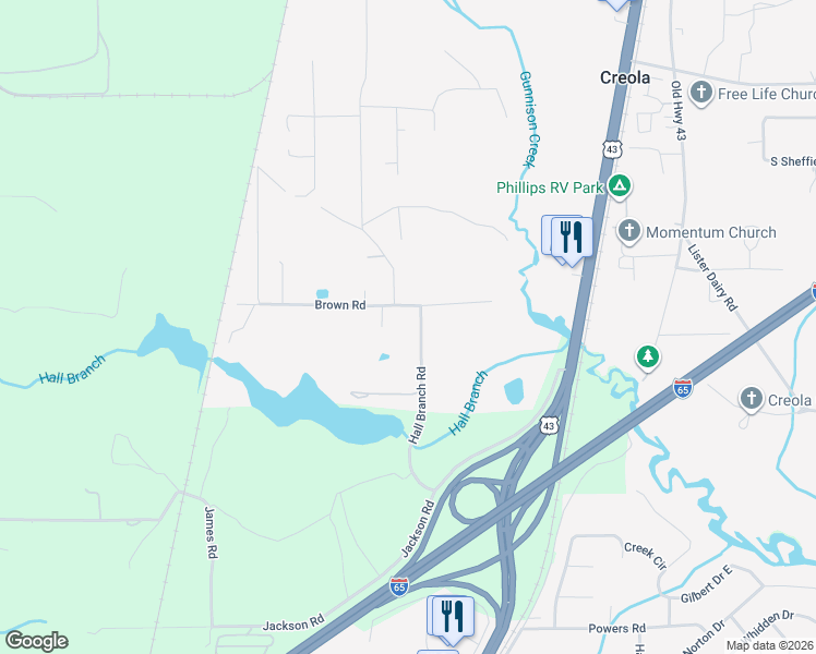 map of restaurants, bars, coffee shops, grocery stores, and more near 199 Brown Road in Creola