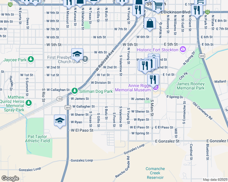 map of restaurants, bars, coffee shops, grocery stores, and more near 600 West Callaghan Street in Fort Stockton