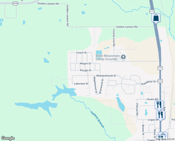 map of restaurants, bars, coffee shops, grocery stores, and more near 1505 Plough Street in DeRidder