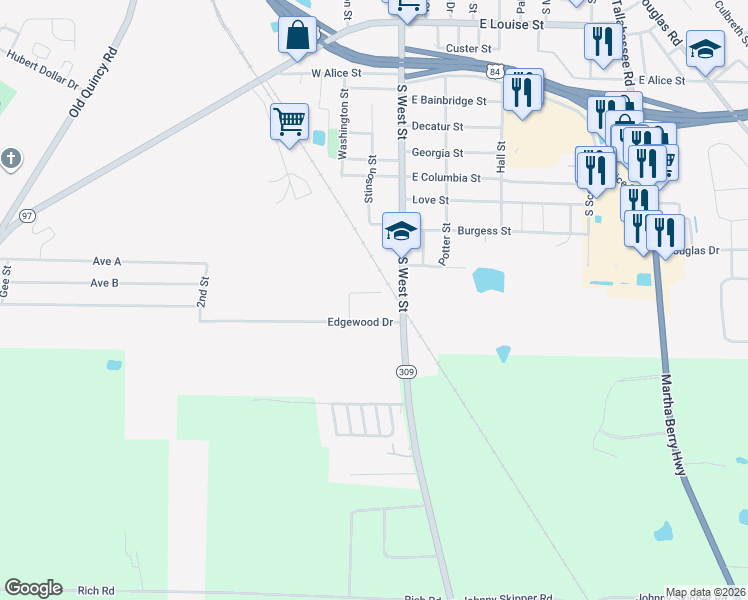 map of restaurants, bars, coffee shops, grocery stores, and more near 105 Adams Drive in Bainbridge